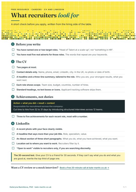 First page of CV and LinkedIn Checklist