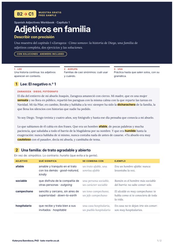 First page of Adjetivos en familia