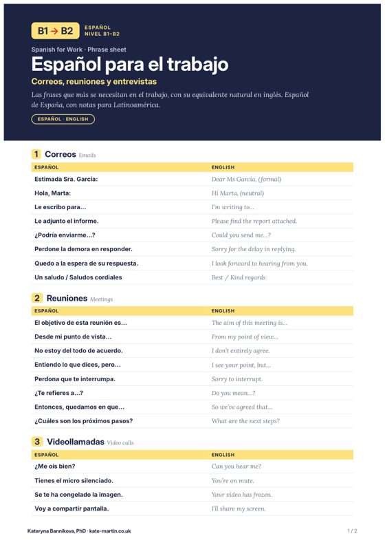 First page of Español para el trabajo