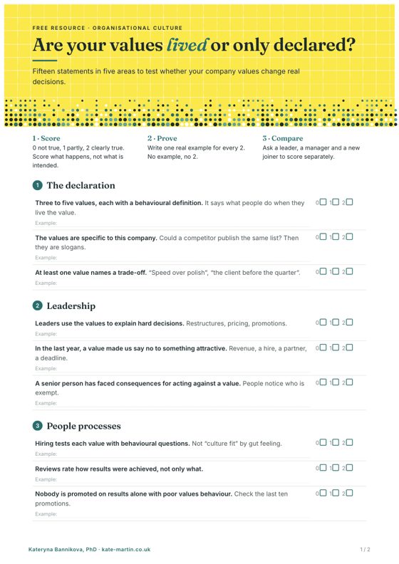 First page of Values Audit Checklist